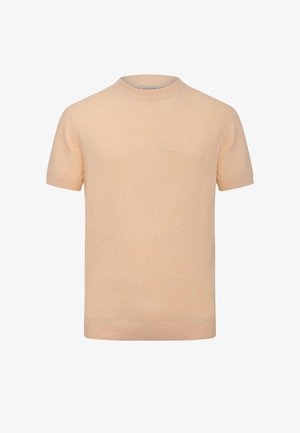 Maglione beige a maniche corte in maglia con scollo rotondo e polsini e orlo a costine, realizzato in tessuto strutturato.