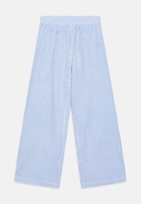 Pantaloni a gamba larga azzurri con strisce verticali bianche, dotati di un elastico in vita e di una trama morbida. Adatti per un abbigliamento casual.