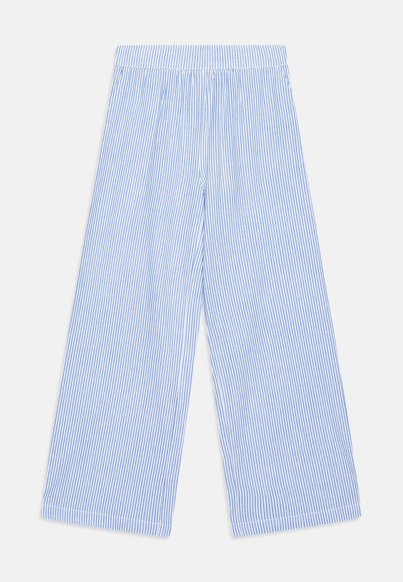 Pantaloni a gamba larga azzurri con strisce verticali bianche, dotati di un elastico in vita e di una trama morbida. Adatti per un abbigliamento casual.