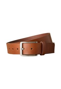 Ceinture en cuir marron avec une boucle en métal argenté, dotée de cinq trous et d'une texture lisse, conçue pour un ajustement réglable et une durabilité.
