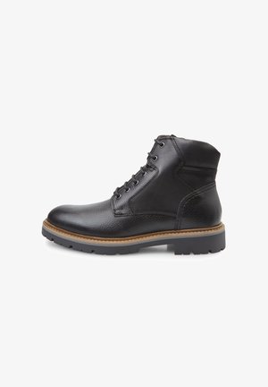 Schwarze Leder-Stiefel bis zum Knöchel mit strukturiertem Finish, runder Zehenpartie, sechs Ösen und einer robusten Sohle. Merkmale sind Nähte und eine kontrastierende Zwischensohle.