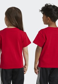 Magliette di cotone rosse a maniche corte, con un collo tondo classico, viste da dietro. Tessuto liscio, senza motivi visibili.