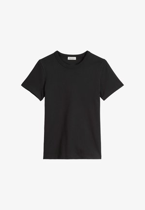 Zwarte t-shirt van glad katoen, met een ronde hals en korte mouwen. Het ontwerp is eenvoudig zonder zichtbare patronen of accenten.