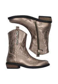 Stivali alla caviglia in bronzo metallico con zip laterale, cuciture decorative e accenti impreziositi. Presentano un tacco basso a blocchi e una superficie testurizzata.