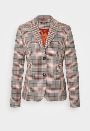 Tailored women's blazer with gray, red, and white plaid pattern, two black buttons, and orange satin lining inside.