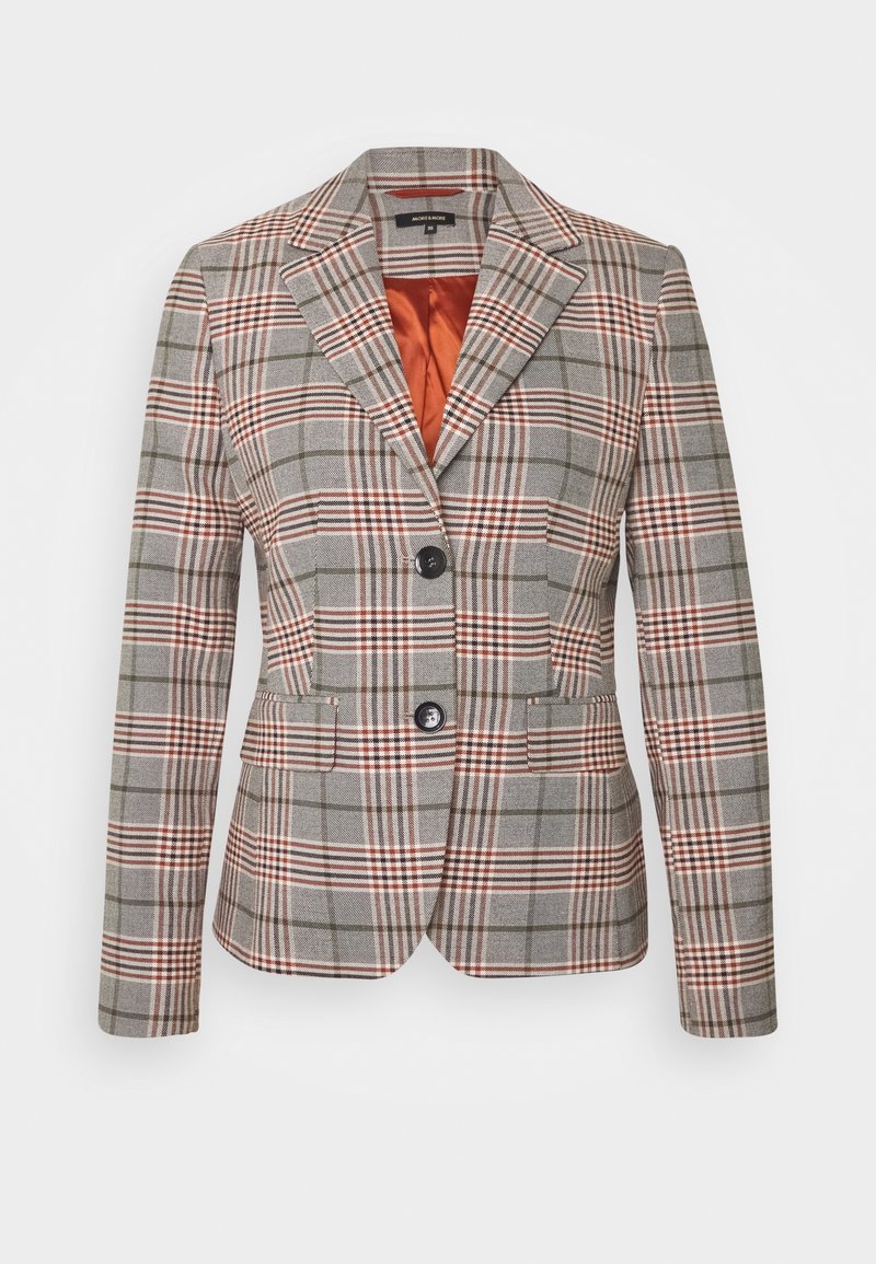 Blazer pour femmes sur mesure avec motif à carreaux gris, rouge et blanc, deux boutons noirs et doublure intérieure en satin orange.