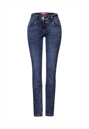Donkerblauwe skinny jeans van denim met een hoge taille, traditionele vijf-pocketontwerp, en een zichtbare knoop- en ritsluiting.