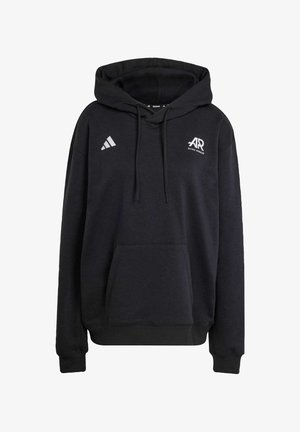 Sweatshirt à capuche noire en tissu doux, doté d'une poche frontale, de cordons de serrage et d'accents de logo blanc sur la poitrine et les manches.