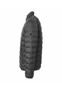 Grå puffy jakke med quiltet design, høj krave og sidelommer med lynlås. Glat tekstur med minimal detaljering.