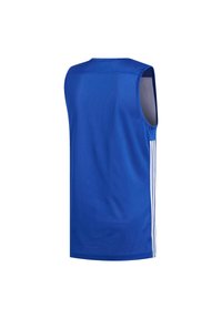 Maglia sportiva senza maniche blu con strisce verticali bianche sui lati, mostrata dal retro su uno sfondo bianco.