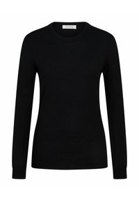Schwarzer Langarmpullover mit Rundhalsausschnitt. Hergestellt aus glattem Material mit gerippten Bündchen und Saum. Einfaches Design, ohne Muster oder Akzente.