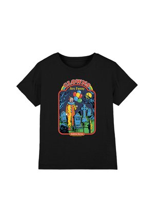 Schwarzes T-Shirt mit farbenfrohem Design eines Clowns, der in einem Friedhof unter einem Vollmond Ballons hält. Der Text lautet "Clowns Are Funny" und "Bedtime Stories".