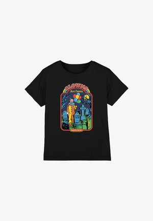 Schwarzes T-Shirt mit farbenfrohem Design eines Clowns, der in einem Friedhof unter einem Vollmond Ballons hält. Der Text lautet "Clowns Are Funny" und "Bedtime Stories".