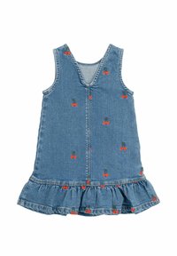 Denim obleka z V-izrezom, okrašena z rdečimi vezenimi češnjami. Zasnova s flared volančkom doda teksturo; brezrokavni dizajn povečuje udobje.