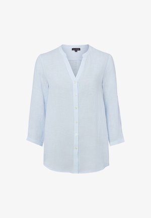 Jasnoniebieska lniana bluzka z długim rękawem, dekoltem w serek, zapinana z przodu na guziki, z zaokrąglonym dołem.
