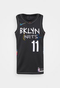 Black basketball jersey with herringbone texture, featuring "BKLYN NETS" in white and blue, number 11 in white, and colorful accents on the sides.