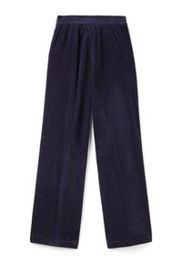 Marina blå kordflamsbyxor med vida ben och elastisk midja. Har vertikal ribbad textur och rena, fållade kanter.