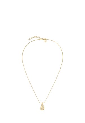 Collar tono dorado con una cadena delicada y un colgante triangular que presenta cristales transparentes en un diseño geométrico. Longitud ajustable.