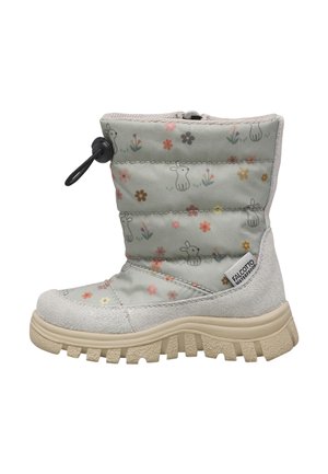 Hellgrauer wasserdichter Kinder-Winterstiefel mit Blumen- und Hasenmuster, beiger robuster Sohle und verstellbarem schwarzem Knebelverschluss oben.
