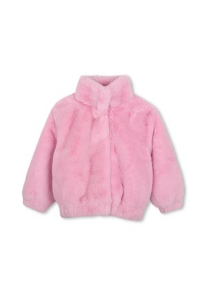 Roze faux fur jas met lange mouwen en een hoge kraag, ontworpen voor warmte en een zachte textuur.