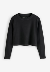 Top corto nero a maniche lunghe realizzato in morbido tessuto a costine. Presenta un collo rotondo e orlo cucito, adatto per la biancheria da notte. Design minimalista.