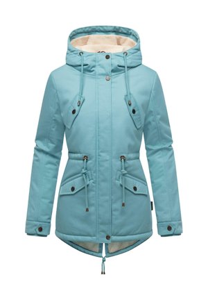 Ljusblå isolerad jacka med huva, dragsko i midjan, två bröstfickor och mjukt, beige fleecefoder. Har tryckknappsstängningar.