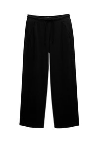 Pantalons de survêtement noirs, à large jambe, en tissu doux, dotés d'une taille élastique, d'un cordon de serrage et de poches latérales. Texture lisse et design simple.