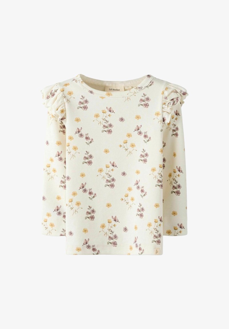 Top a maniche lunghe in tessuto a coste crema, con stampa floreale gialla e viola, dettagli arricciati sulle spalle e scollatura rotonda.