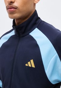 Gros plan d'une personne portant une veste zippée bleu marine et bleu clair avec un logo doré à trois bandes sur la poitrine.