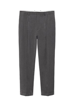 Dark gray tailored trousers with belt loops, button closure, front crease, and cuffed hems, displayed flat against white background.