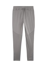 Grijze sportbroek gemaakt van soepel, lichtgewicht materiaal met een elastische tailleband, taps toelopende benen en zijnaad voor een gestroomlijnde pasvorm.
