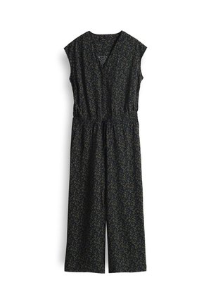 Combinaison noire sans manches avec motif abstrait vert, encolure en V, taille élastique avec cordon de serrage et pantalons larges courts.