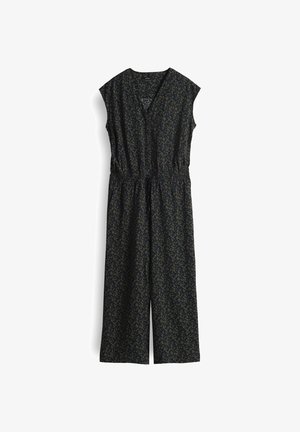 Mouwloze zwarte jumpsuit met groen abstract patroon, V-hals, elastische taille met koordje en wijde cropped broekspijpen.