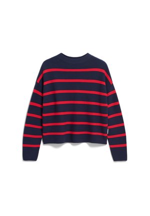 Marineblauwe trui met horizontale rode strepen, met lange mouwen en een ronde halslijn. Het ontwerp is cropped met een getextureerde brei.