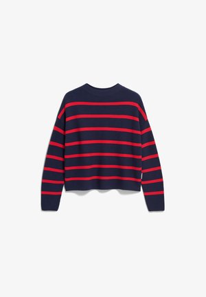 Marineblauwe trui met horizontale rode strepen, met lange mouwen en een ronde halslijn. Het ontwerp is cropped met een getextureerde brei.