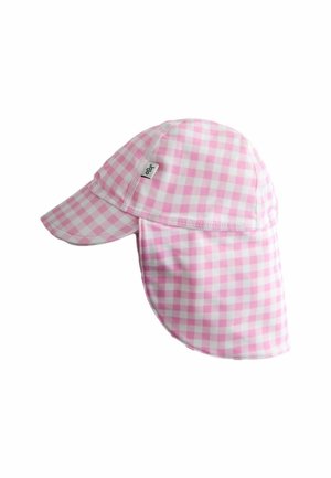 Chapeau de soleil à carreaux rose et blanc avec un rabat pour le cou et une petite étiquette blanche sur le côté.