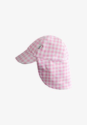 Vaaleanpunavalkoruudullinen auringohattu kaulansuojuksella ja pienellä valkoisella etiketillä sivulla.