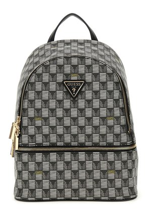 Schwarzer und grauer Rucksack mit einem abgerundeten oberen Teil, goldenen Beschlägen und Logoakzenten. Verfügt über horizontale und vertikale Streifenmuster.