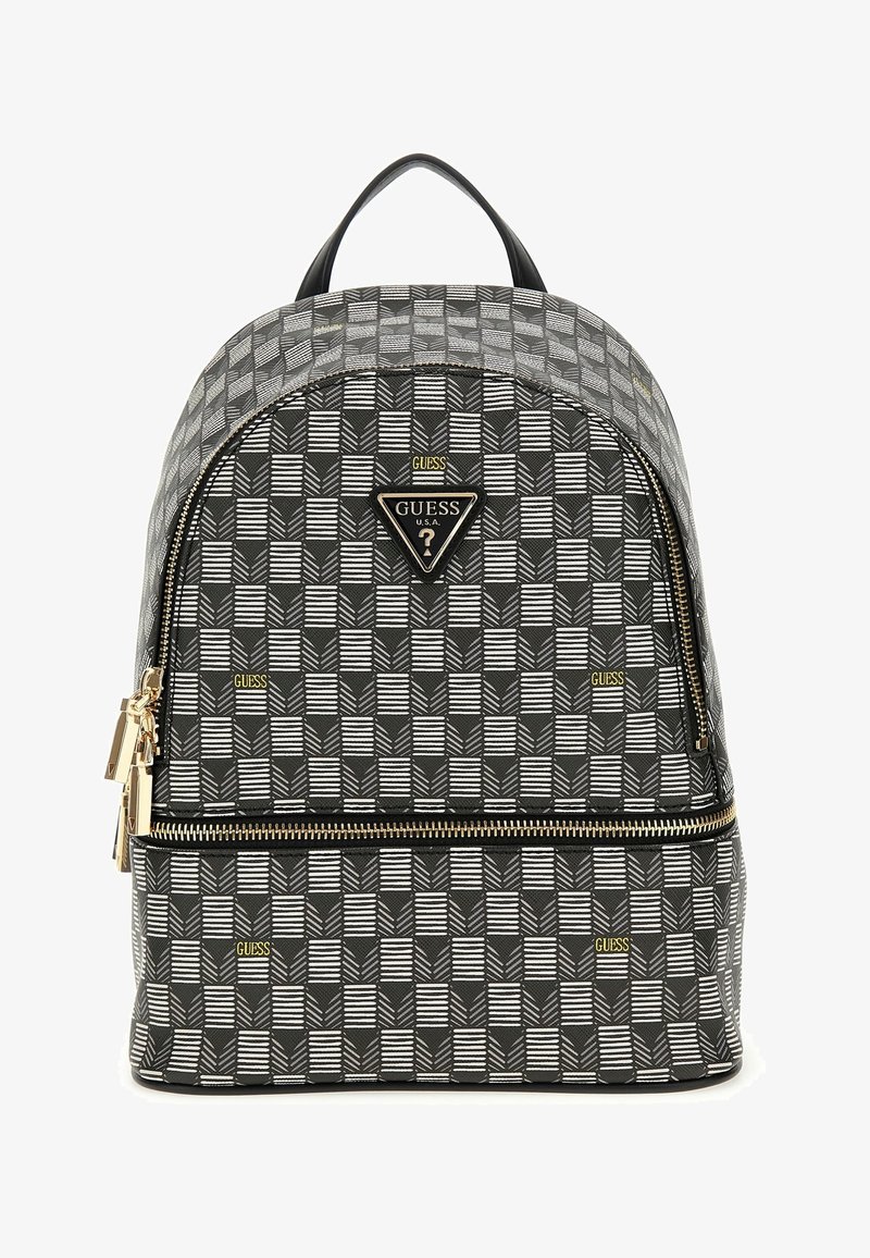 Zaino con motivo nero e grigio, dalla forma arrotondata, con accessori in oro e accenti del logo. Presenta motivi a strisce orizzontali e verticali.