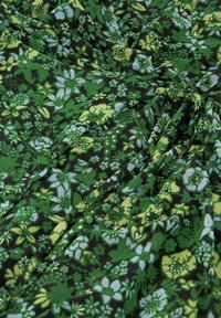 Grüner Blumenstoff mit verschiedenen Grüntönen und blauen Akzenten auf einem dunklen Hintergrund; strukturierter, dehnbarem Material mit kunstvollen Mustern.