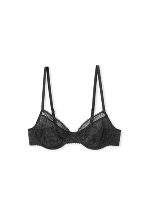 Soutien-gorge à armatures en dentelle noire avec bretelles fines ajustables et motifs floraux, présenté à plat sur un fond blanc.