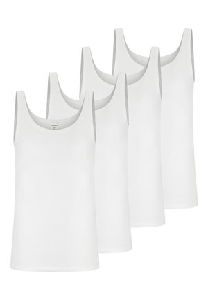 Pięć prostych białych bezrękawników ułożonych w przesuniętym rzędzie, pokazanych z przodu na białym tle.