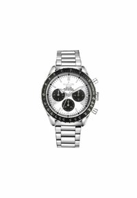 Zilverkleurig chronograafhorloge van roestvrij staal met een witte wijzerplaat, zwarte subdials en een zwarte lunette. Armband met gepolijste schakels.