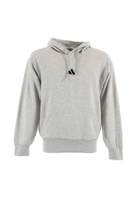 Felpa grigia con cappuccio e tasca frontale, cappuccio regolabile con lacci e logo triangolare nero sul petto. Tessuto morbido, vestibilità rilassata.