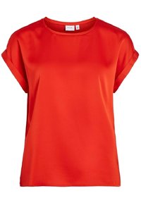 Blusa rossa a maniche corte realizzata in un tessuto morbido; presenta un collo rotondo e maniche arrotolate. Design semplice senza pattern o accenti.