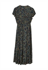 Robe bleu foncé avec de courtes manches volantées, taille élastique et jupe pleine ornée d'un motif de feuilles dorées et vertes.