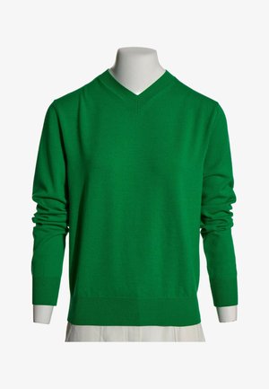 Pull vert à manches longues avec col en V sur un buste de mannequin blanc avec des poignets et un ourlet côtelés, présenté sur fond blanc.