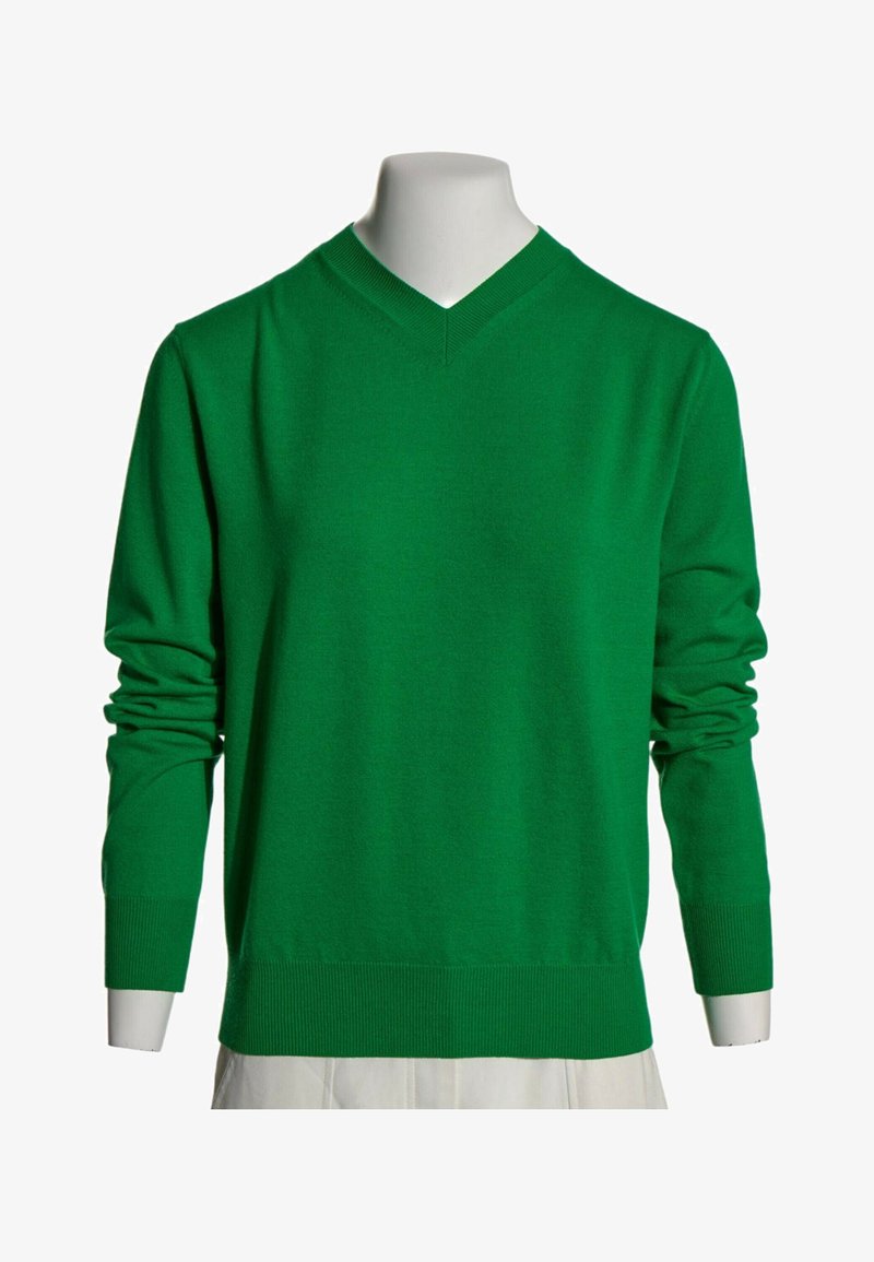 Pull vert à manches longues avec col en V sur un buste de mannequin blanc avec des poignets et un ourlet côtelés, présenté sur fond blanc.