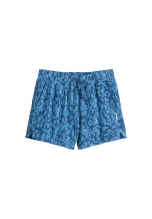 Shorts en tissu éponge bleu avec imprimé léopard bleu foncé, taille élastique, cordon de serrage et poches latérales.