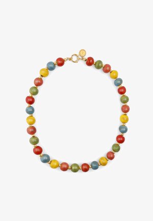 Naszyjnik z kolorowych drewnianych koralików w kolorach czerwonym, niebieskim, zielonym, żółtym z złotymi akcentami i okrągłym zapięciem.